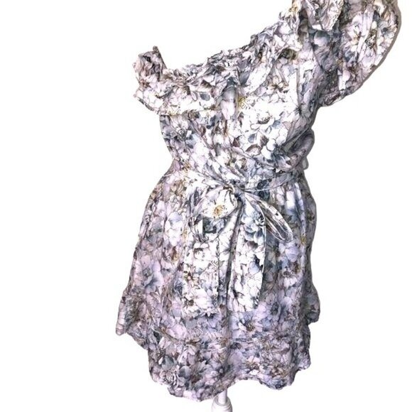 Happy x Nature Mini Dress Womens Medium Floral One Shoulder Belt Elastic Waist - Picture 5 of 10